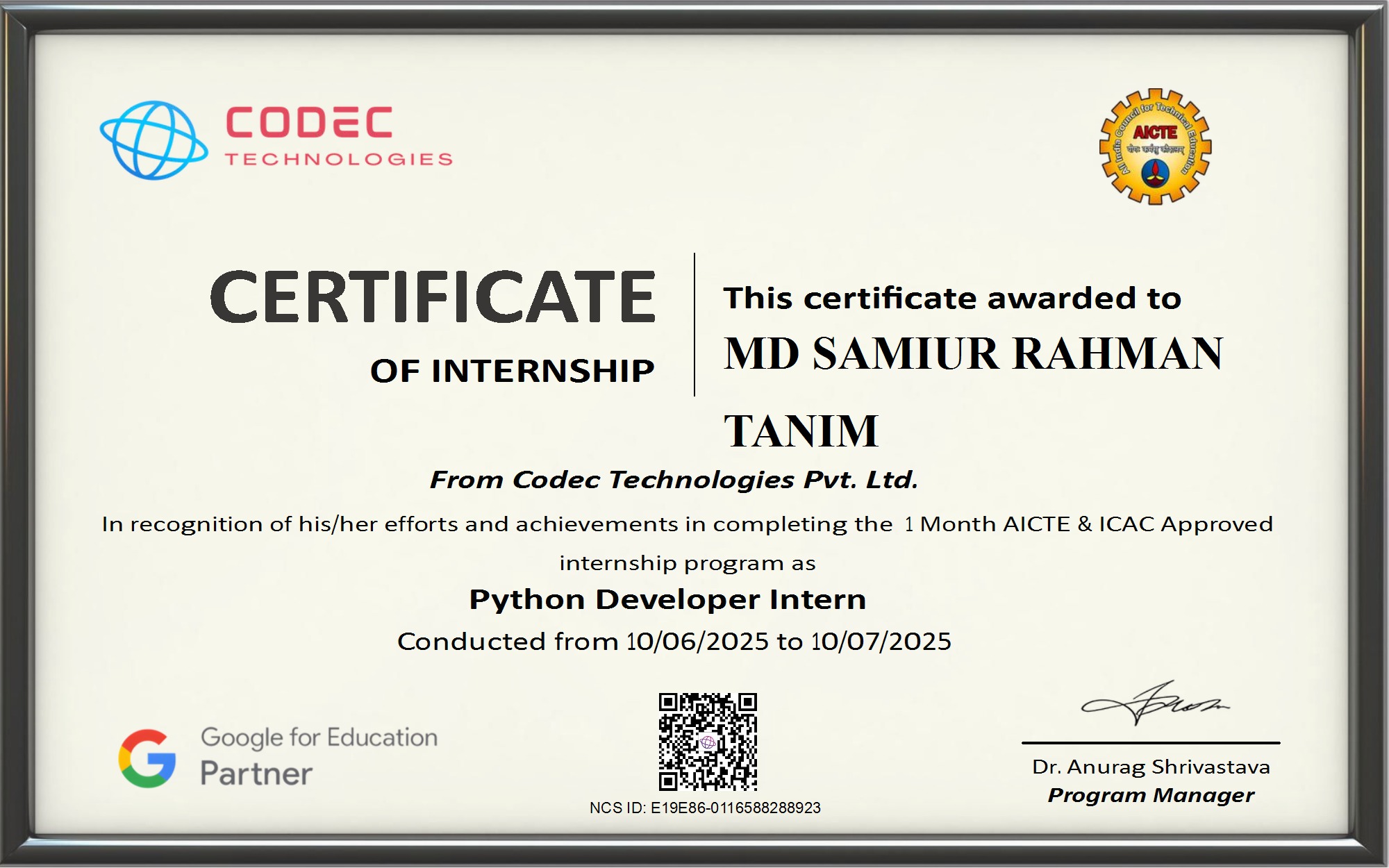 1-Month Python developer Internship Certification